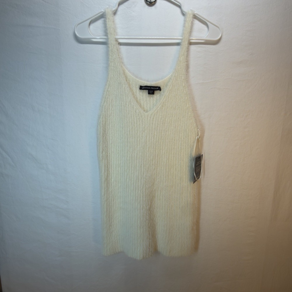 Boston Proper NWT Ivory Women's Fuzzy Ribbed V-neck Tank Size M - Casual Dressy - Picture 2 of 11